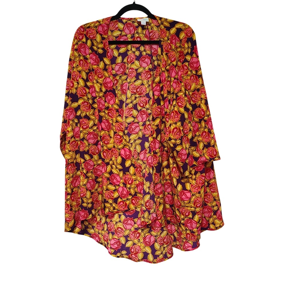 LuLaRoe Joy Vest Large‎ Purple Pink Rose Floral Longline Duster Open Front Layer